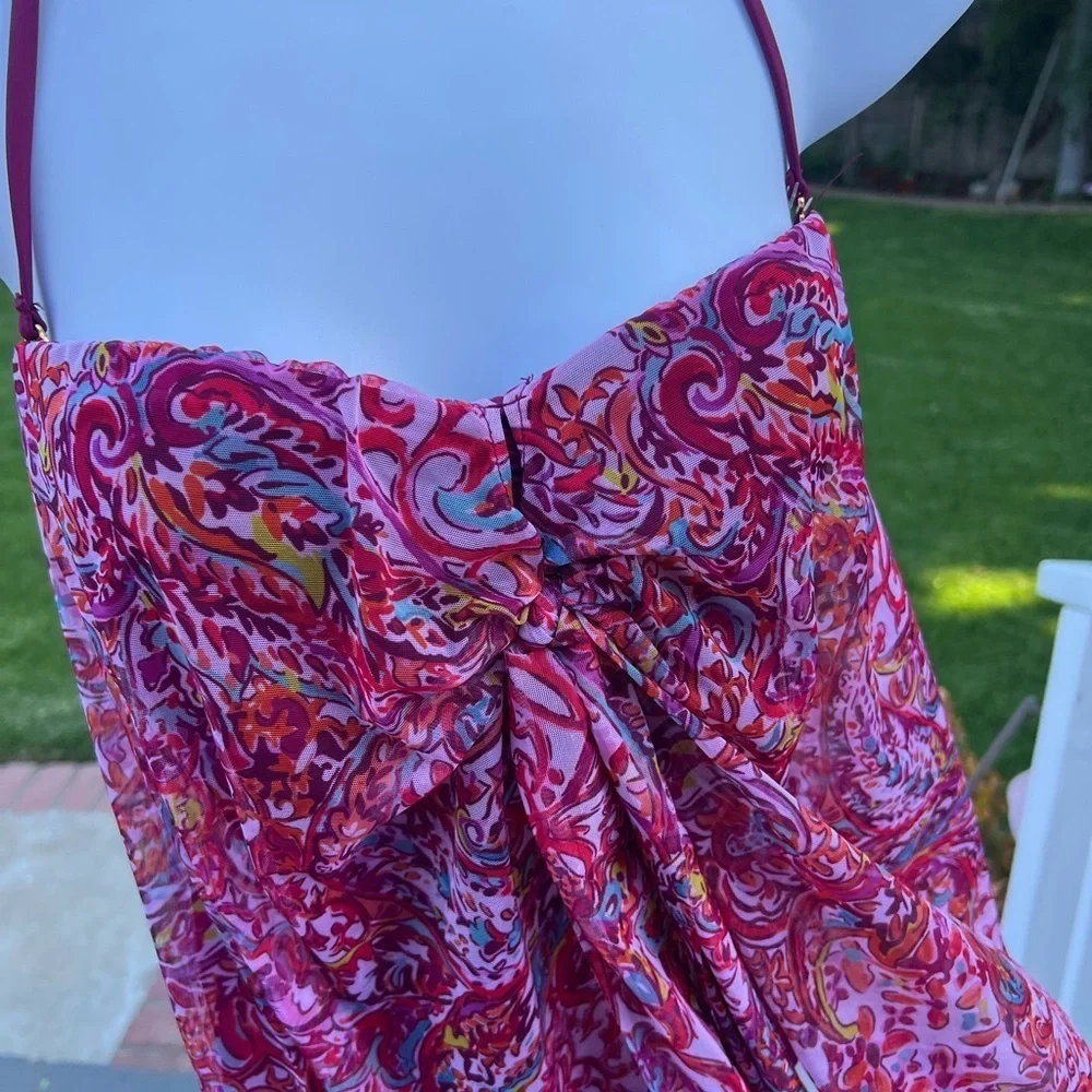 Ralph Lauren Pink and Red One-Piece Swimsuit with Gathered Front